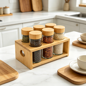 Ensemble de 4 pots à épices en verre avec support en bambou, bouteilles transparentes pour assaisonnements, pour le <span class=keywords><strong>rangement</strong></span> sur le comptoir de cuisine - Product Image 1