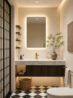 Lemari Dinding Kamar Mandi LKYT, Lemari Vanity Kamar Mandi dengan Wastafel, Lemari Kamar Mandi dengan Cermin Modern