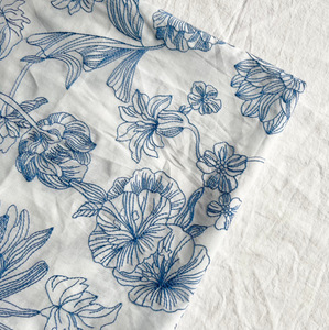 <strong>White</strong> Cotton <strong>Voile</strong> With Blue Embroidery Threads Breathable Floral Pattern Cotton Embroidery Fabric for Woman Apparel Garment - Product Image 1