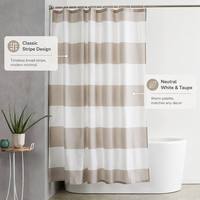 Tirai Mandi Poliester Tahan Air Bergaris Putih Beige Horizontal Dekorasi Kamar Mandi Minimalis Modern