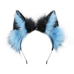 HY aksesoris rambut tutup kepala bertema Halloween dibuat oleh tangan mewah telinga hewan pita rambut serigala jahat