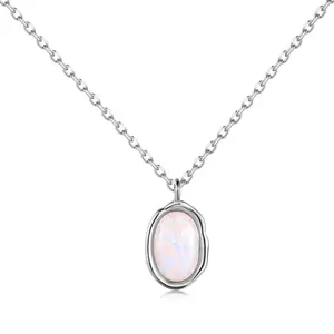 Dylam Simplicity Design Women Fashion Jewelry Solid Sterling Silver Link Chain Oval Shape Synthetic Opal Stone Pendant Necklaces