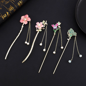 Horquillas chinas tradicionales con diseño floral, borlas de perlas, accesorios de boda, adornos para el cabello en tono dorado - Product Image 2