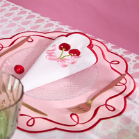 Serviettes de table carrées jetables écologiques en lin, modernes, à bord festonné, avec nœud rose cerise brodé, 40x40cm, pour mariage et fête