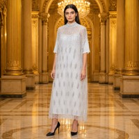 Robe Abaya à Paillettes avec Superposition en Tulle Perlé, Col Rond, Manches 3/4, Longueur Cheville, Robe de Soirée Modeste avec Doublure pour Femmes Musulmanes