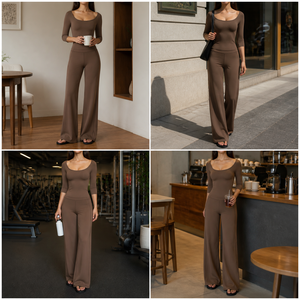 Ensemble de yoga 2 pièces pour femme : haut à col rond et manches 3/4, pantalon large, tenue de sport et de détente avec logo personnalisé, vêtements de sport - Product Image 3
