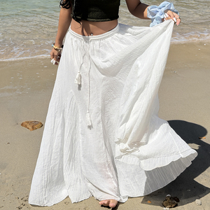 กระโปรงแม็กซี่ทรงเอไลน์สีพื้นเรียบหรูสำหรับผู้หญิง เอวธรรมชาติ รูดเชือกผูกเอว สวมใส่สบาย ทรงเข้ารูป เป็นมิตรกับสิ่งแวดล้อม เหมาะสำหรับฤดูร้อน - Product Image 3