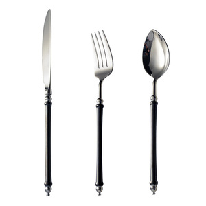 Petit pot en bambou rétro de style japonais noir <span class=keywords><strong>argent</strong></span> 304 couteau à steak en acier inoxydable fourchette cuillère ensemble de trois pièces vaisselle occidentale - Product Image 5