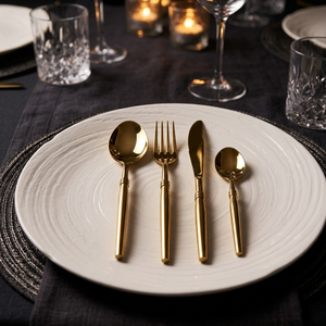 Ensemble de couverts écologiques en métal finition or, cuillère, fourchette, couteau, 4 pièces, luxe, pour mariage, décoration de table - Product Image 1