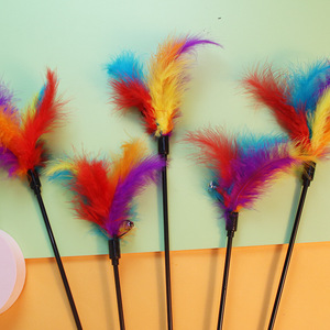 <b>Cat</b> Teaser Stick Colorful Feathers Long Handle <b>Interactive</b> <b>Toy</b> For <b>Cats</b> Pet Playtime Fun - Product Image 1
