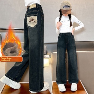 <span class=keywords><strong>Pantaloni</strong></span> in Denim da ragazza Jeans Casual traspirante foderato in pile e imbottito inverno nuovi <span class=keywords><strong>pantaloni</strong></span> larghi larghi da bambino caldi a gamba dritta - Product Image 4