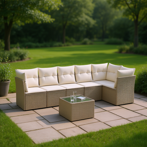 Ensemble de canapés de jardin en rotin 6 places, mobilier d'extérieur durable au design contemporain avec structure en acier et table en verre trempé - Product Image 2