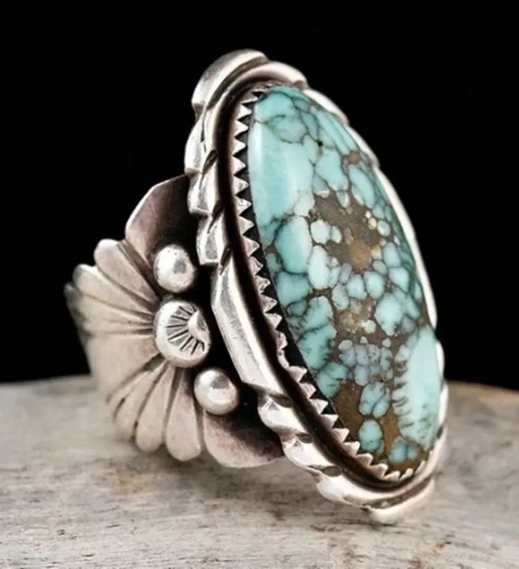 PJ-C257 Retro Indian style blue checked turquoise lady's silver ring artificial semi-precious stone ring