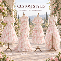 Robe midi personnalisée pour femme en organza à imprimé floral, avec bretelles à nœud, col incurvé, jupe superposée froncée, coupe trapèze, pour occasions spéciales