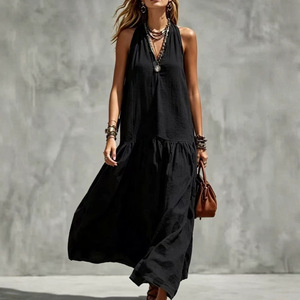 V Neck Sleeveless Solid Color <b>Dress</b> Elastic Waist Loose Fit Casual <b>Maxi</b> <b>Dress</b> For Women Black And <b>Purple</b> Smlxlxxl - Product Image 3