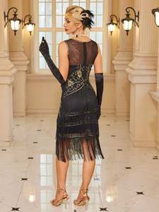 1920 년대 플래퍼 드레스 프린지 스팽글 위대한 개츠비 영감 특종 목 민소매 포효 20 년대 칵테일 파티 의상 짠 직조 - Product Image 4