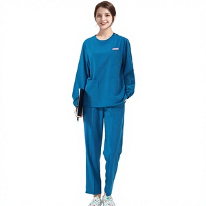 Women <b>Blue</b> <b>Scrub</b> Set Woven Cotton Polyester Hospital Uniform Pants Top Nursing Workwear - Product Image 3