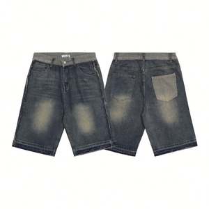 Shorts en jean décontractés à la mode, fabriqués sur mesure, effet délavé, couleur contrastée, ourlet retroussé, respirant, coupe ample, jean droit, été - Product Image 5