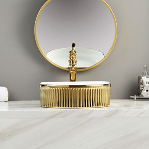 Vasque en céramique plaquée or titane italien, lavabo de comptoir cannelé - Product Image 1