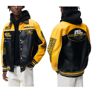 Parche personalizado bordado Logo Unisex Puff estampado <span class=keywords><strong>de</strong></span> gran tamaño <span class=keywords><strong>motocicleta</strong></span> F1 PU <span class=keywords><strong>chaqueta</strong></span> pesada francés Terry <span class=keywords><strong>cuero</strong></span> parche cremallera <span class=keywords><strong>chaqueta</strong></span> - Product Image 1