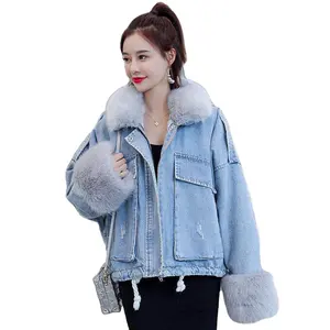 Manteau Denim Veste Hiver Standard Moto Veste Femmes Fourrure De Luxe Américain et Européen Polyester Doublure À Capuche Veste