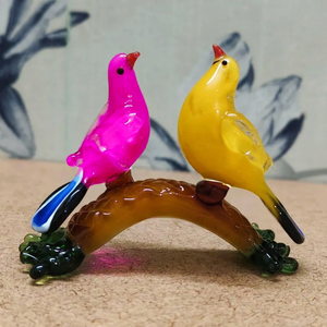 Figurines d'oiseaux roses en verre soufflé à la main, paire sur branche, décoration artistique, sculpture animale de collection, faite à la main - Product Image 2