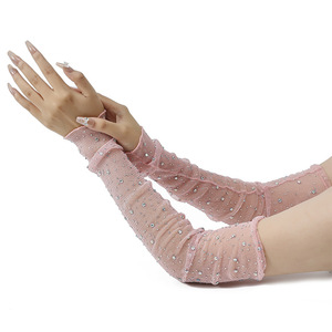 <span class=keywords><strong>Gants</strong></span> <span class=keywords><strong>longs</strong></span> sans doigts noirs en strass pour femmes, chauffe-bras en maille transparente, accessoire de clubwear orné de diamants étincelants - Product Image 3