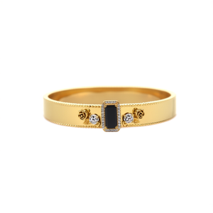 Bracelet tendance en acier inoxydable 316L plaqué or PVD avec pierre noire et diamants, motif rose - Product Image 2