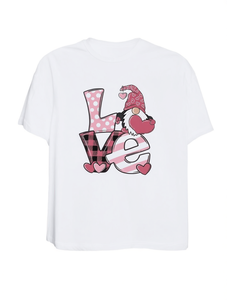 T-shirt da donna con motivo a cuore Gnome, per San Valentino, casual, a maniche corte, girocollo, in tessuto jersey bianco con stampa leopardata - Product Image 1