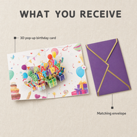 Carte de vœux d'anniversaire pop-up colorée, écologique et recyclable, avec lettres Joyeux Anniversaire, ballons cadeaux et bordure dorée assortie