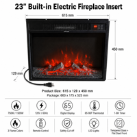 Cheminée encastrée de 23, 26, 36, 40, 50 pouces avec flamme LED, construction métallique, télécommande pour usage extérieur et domestique