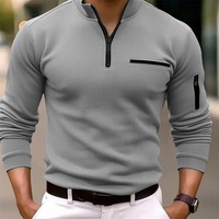 2025 nouveau bras fermeture éclair printemps automne loisirs sport solide rayé poche étanche à l'eau enduit Polyester hommes à manches longues Polo chemise