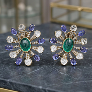 Hot Selling Prominent Central <b>Emerald</b> Stone Tanzanite Diamond <b>Stud</b> Earrings For Women Bridal Special Occasion Wear Jewellery - Product Image 3