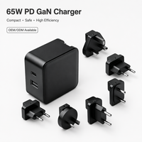 Chargeur GaN à double port rapide PD 3.0 PPS 65W avec prise interchangeable universelle premium, câble rétractable pour ordinateur portable MacBook