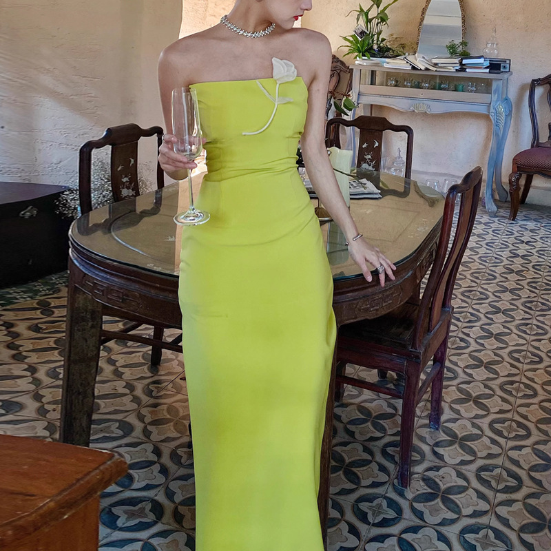 strapless open back dress Amelia Dress in Lemonade Yellow Satin