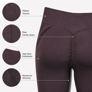 Seamless High Waist Yoga <b>Legging</b> with <b>Booty</b> Contour Detail Ribbed Waistband Solid Deep Plum Professional Fitness Collection - Product Image 4