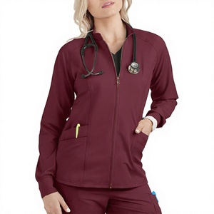 Blouse d'hôpital en polyester tricoté bordeaux pour femme avec poches - Product Image 3