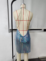 Robe Imprimée Multicolore Bleu Métallisé, Dos Nu, Col Halter, Tenue de Soirée, Festival, Club, Anniversaire, Robe Maille Métallique