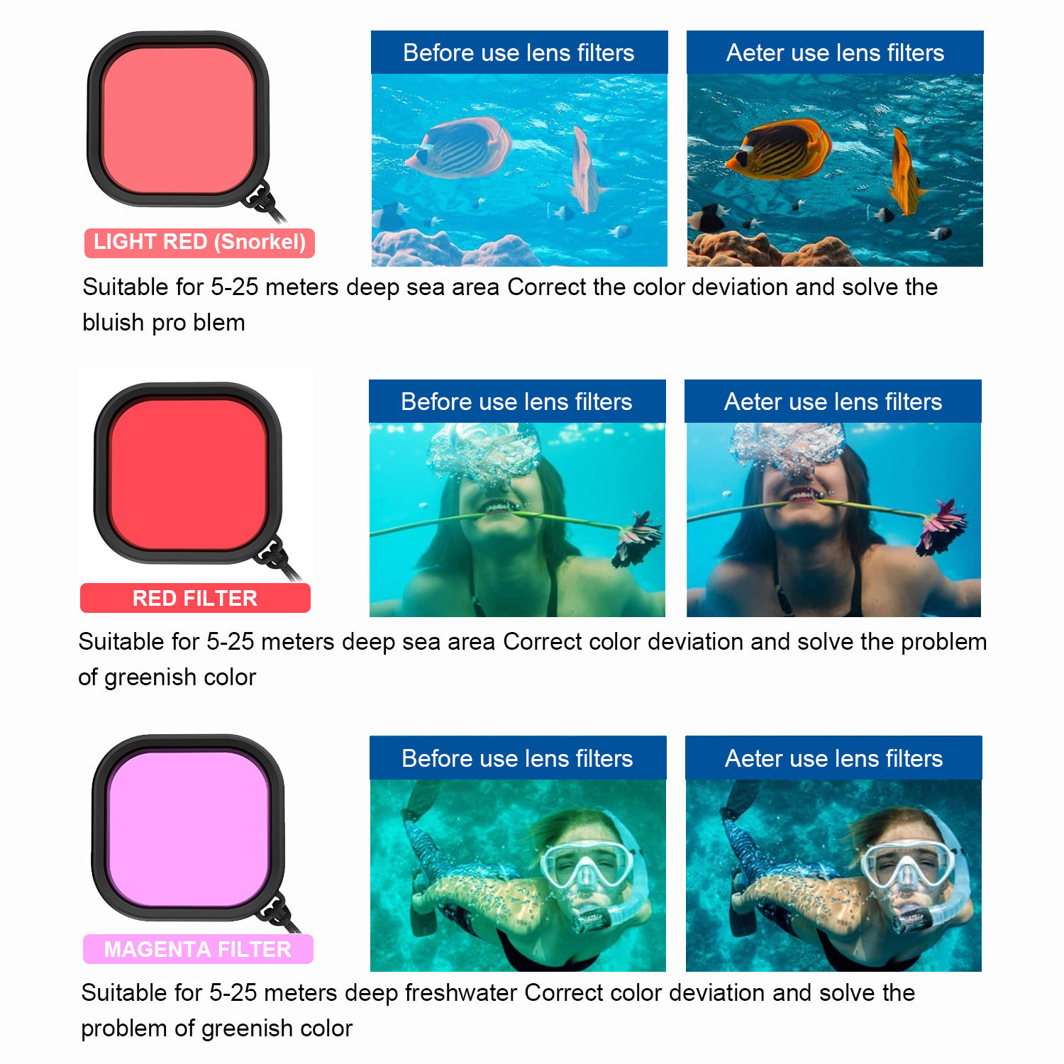HONGDAK Lens 3-pack Red pink Purple Underwater Diving Lens Filter for Gopro for gopro Hero 5 6 7 Black Filter