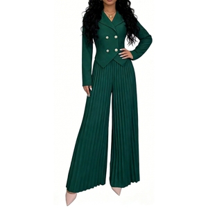 ชุดเซ็ต 2 ชิ้นสำหรับผู้หญิง กางเกงพลีทขายาวทรงกระบอก ชุดสูทครอปกระดุมสองแถว กางเกงขากว้าง ชุดทำงานแฟชั่น - Product Image 5