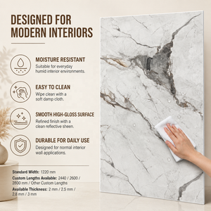 Panneau mural moderne en PVC MORLENX gris clair effet marbre UV, étanche et brillant, pour appartements, hôtels, cuisines et halls. - Product Image 5