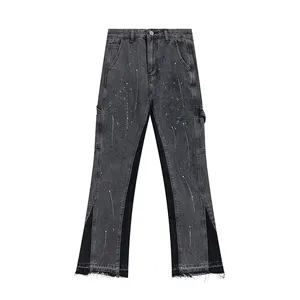 Flared Jeans Men American High Street Loose Washed Distressed Ink Splash Stitching Trousers Men's Jeans