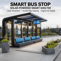 Abri de bus moderne en verre à énergie solaire, station d'arrêt de bus intelligente pour ville connectée avec toit à panneaux solaires et affichage numérique de l'heure d'arrivée du bus