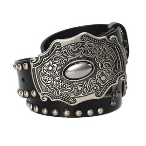 Alta Qualidade 3.8cm 1.5 "Largura Western Metal Name Plate Buckle Branco e Preto Pele Genuína Couro Metal cravejado Punk <span class=keywords><strong>Belt</strong></span> - Product Image 3