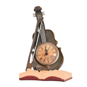 Low moq stone powder resin custom violin shape clock figurine with clocks