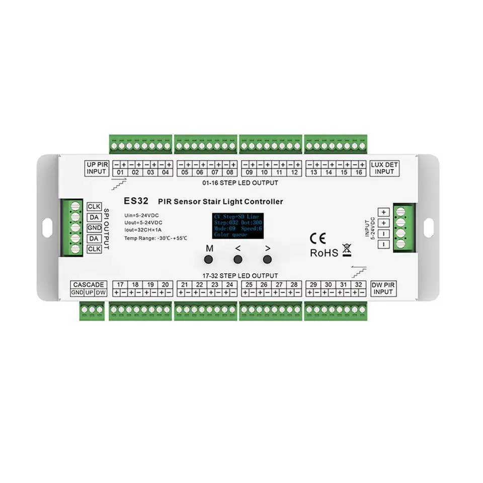 ES32เซนเซอร์จับการเคลื่อนไหว PIR 32 32CH ตัวควบคุมไฟบันไดอัจฉริยะเซ็นเซอร์แสงกลางวัน SPI Pixel LED ควบคุมแสงในบันได