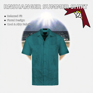 RNSHANGER Nouvelle Chemise Cubaine d'Été Décontractée pour Homme à Manches Courtes, Broderie Florale, Patchwork, en Coton, Boutonnée Simple, Style Plage - Product Image 3
