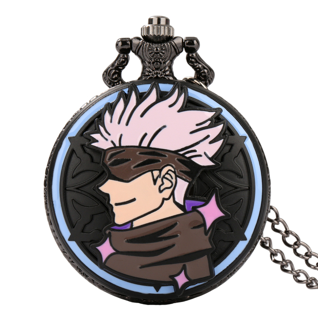 Cartoon Anime Pocket Watch with Six Eyes Sorcerer Figure, Black Pendant Watch with Chain, Necklace Jewelry for Cosplay Fans Gift