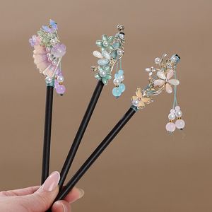Épingle à cheveux vintage en bois pour femme, style chinois, fleur enroulée, pince à cheveux élégante classique avec pompon, imitation ébène, 16 cm - Product Image 3