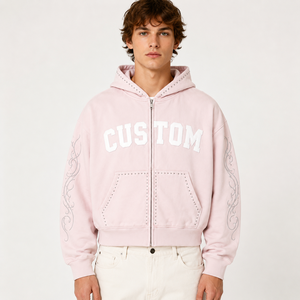 Custom Rhinestone <b>Hoodie</b> 500Gsm French Terry Zip Up Vintage Washed Oversized Boxy High Quality Custom Logo <b>Men</b> <b>Hoodie</b> - Product Image 1